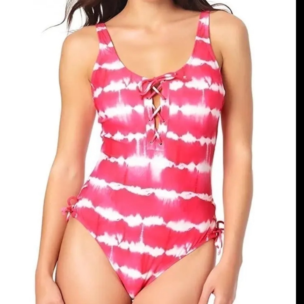 California Waves Juniors' Red Pink Tie-Dyed One-Piece Swimsuit